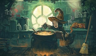 Young cartoon witch stirring cauldron
